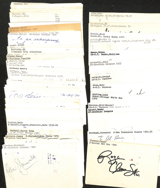Lot of (75+) Mostly Baseball-Related Signed Index Cards w. Roger Clemens, Masanori Murakami, Dave Righetti, Luis Aparicio, Sandy Amoros, Bill Skowron, Luke Appling, Spec Shea, + (JSA Auction Letter)