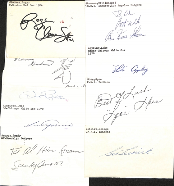 Lot of (75+) Mostly Baseball-Related Signed Index Cards w. Roger Clemens, Masanori Murakami, Dave Righetti, Luis Aparicio, Sandy Amoros, Bill Skowron, Luke Appling, Spec Shea, + (JSA Auction Letter)
