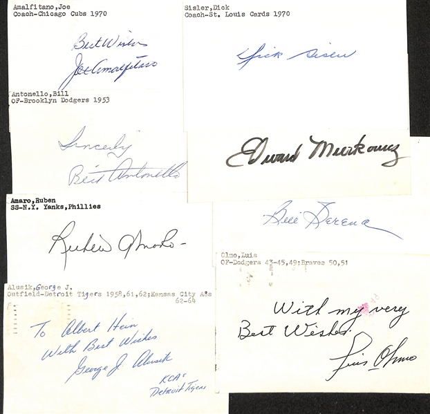 Lot of (75+) Mostly Baseball-Related Signed Index Cards w. Roger Clemens, Masanori Murakami, Dave Righetti, Luis Aparicio, Sandy Amoros, Bill Skowron, Luke Appling, Spec Shea, + (JSA Auction Letter)