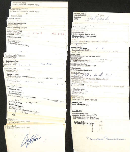 (125+) Mostly Baseball-Related Signed Index Cards w. Duke Snider, George Anderson, Red Schoendienst, Rip Sewell, Joe Sewell, Les Mueller, Art Shamsky, Bobby Shantz, + (JSA Auction Letter)