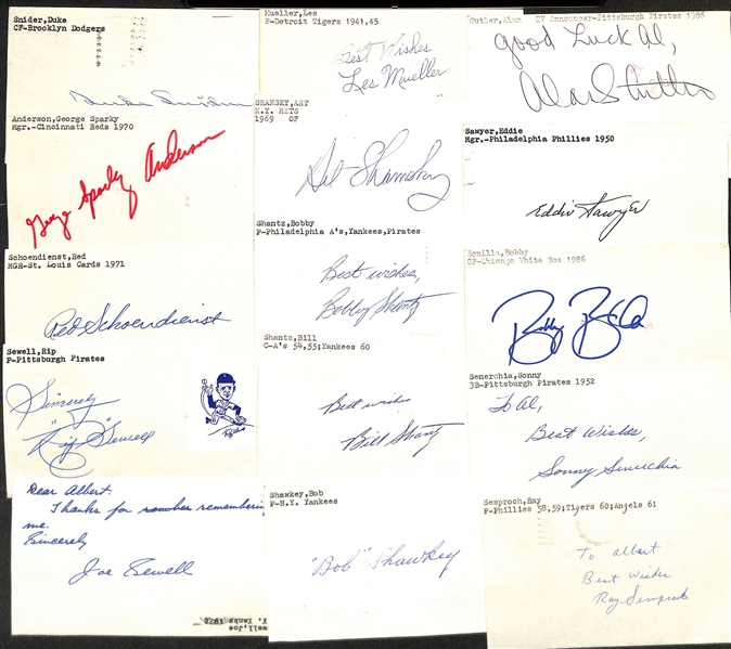 (125+) Mostly Baseball-Related Signed Index Cards w. Duke Snider, George Anderson, Red Schoendienst, Rip Sewell, Joe Sewell, Les Mueller, Art Shamsky, Bobby Shantz, + (JSA Auction Letter)