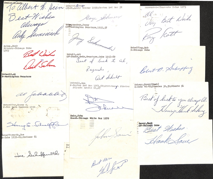 (125+) Mostly Baseball-Related Signed Index Cards w. Duke Snider, George Anderson, Red Schoendienst, Rip Sewell, Joe Sewell, Les Mueller, Art Shamsky, Bobby Shantz, + (JSA Auction Letter)
