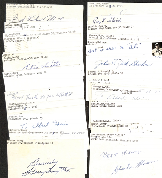 (30+) Mostly Baseball-Related Signed Index Cards w. Charlie Sheerin, Merle Settlemire, Carey Selph, HK Sedgwick, William Schindler, Webb Schultz, John Schulte, Wes Schulmerich, + (JSA Auction Letter)