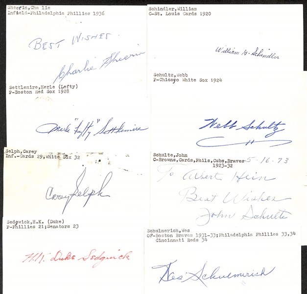 (30+) Mostly Baseball-Related Signed Index Cards w. Charlie Sheerin, Merle Settlemire, Carey Selph, HK Sedgwick, William Schindler, Webb Schultz, John Schulte, Wes Schulmerich, + (JSA Auction Letter)