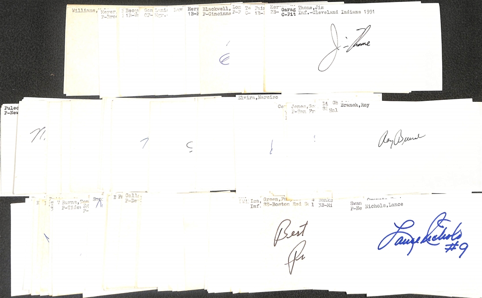 (175+) Mostly Baseball-Related Signed Index Cards w. Joe Garagiola, Billy Herman, Andy Carey, Ferris Fain, Birdie Tebbetts, Ted Gray, Vic Lombardi, Ewell Blackwell, + (JSA Auction Letter)
