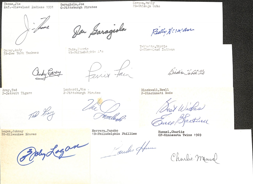 (175+) Mostly Baseball-Related Signed Index Cards w. Joe Garagiola, Billy Herman, Andy Carey, Ferris Fain, Birdie Tebbetts, Ted Gray, Vic Lombardi, Ewell Blackwell, + (JSA Auction Letter)