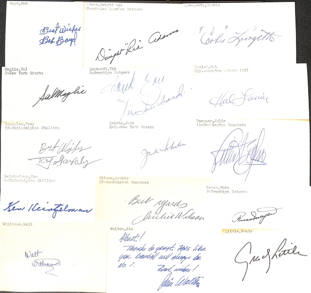 (175+) Mostly Baseball-Related Signed Index Cards w. Joe Garagiola, Billy Herman, Andy Carey, Ferris Fain, Birdie Tebbetts, Ted Gray, Vic Lombardi, Ewell Blackwell, + (JSA Auction Letter)