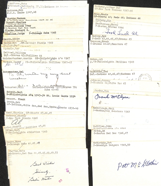 Lot of (50+) Mostly Baseball-Related Signed Index Cards w. Pat McGlothin, Ed McGah, John McGillen, Phil McCullough, Frank McElyea, Tom Jordan, Johnny Johnson, + (JSA Auction Letter)
