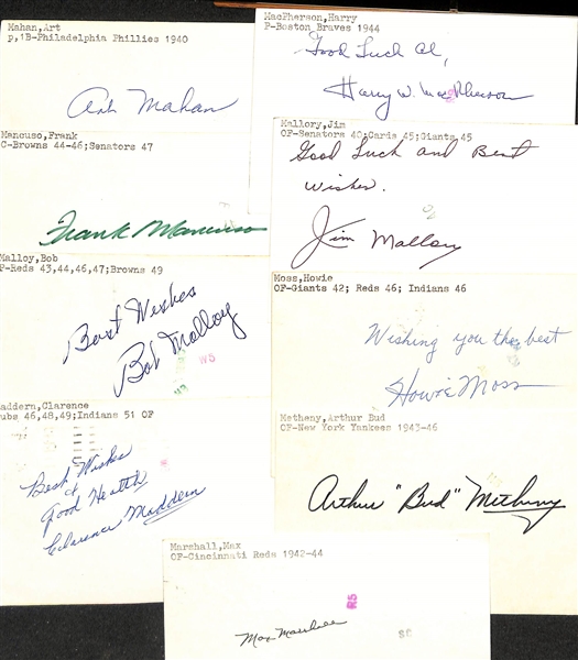Lot of (50+) Mostly Baseball-Related Signed Index Cards w. Pat McGlothin, Ed McGah, John McGillen, Phil McCullough, Frank McElyea, Tom Jordan, Johnny Johnson, + (JSA Auction Letter)
