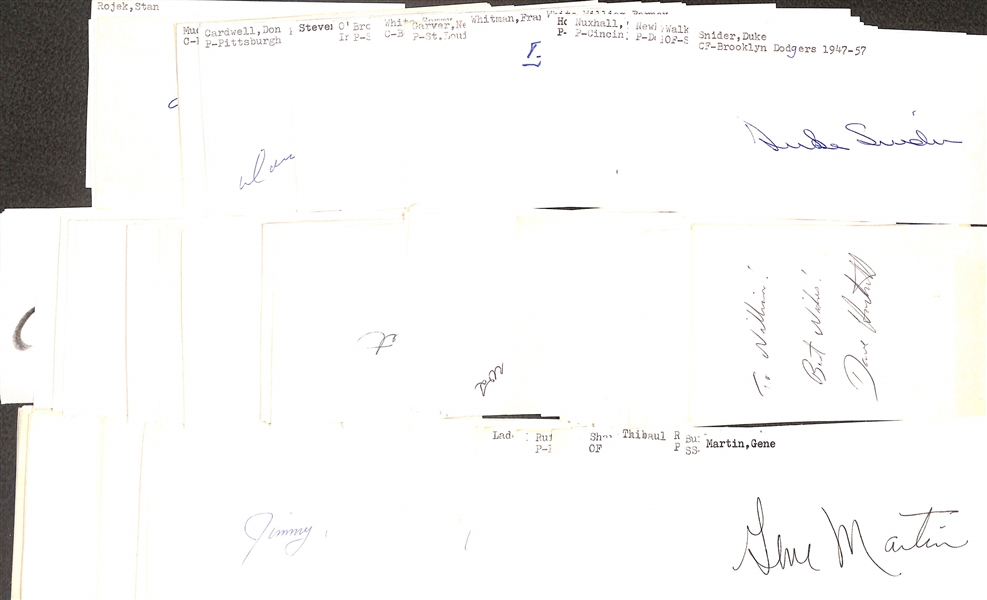 Lot of (200+) Mostly Baseball-Related Signed Index Cards w. Duke Snider, Harry Walker, Bucky Walters, Hal Newhouser, Ralph Terry, Joe Nuxhall, + (JSA Auction Letter)
