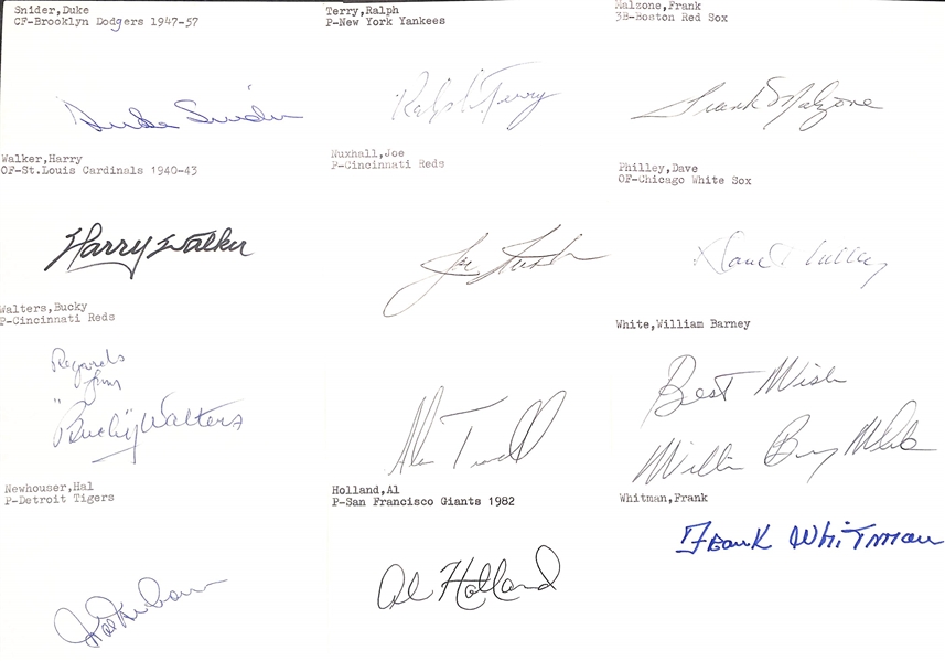 Lot of (200+) Mostly Baseball-Related Signed Index Cards w. Duke Snider, Harry Walker, Bucky Walters, Hal Newhouser, Ralph Terry, Joe Nuxhall, + (JSA Auction Letter)