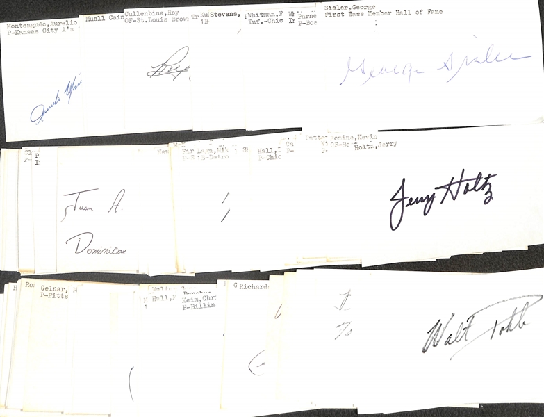 Lot of (125+) Mostly Baseball-Related Signed Index Cards w. George Sisler, Bobby Thomson, Bucky Walters, Carl Scheib, Mel Parnell, William White, Frank Whitman, + (JSA Auction Letter)