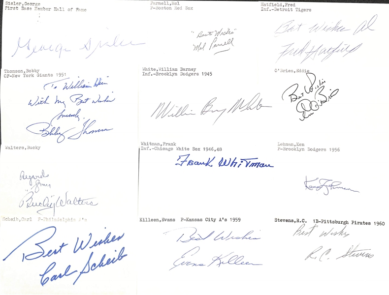 Lot of (125+) Mostly Baseball-Related Signed Index Cards w. George Sisler, Bobby Thomson, Bucky Walters, Carl Scheib, Mel Parnell, William White, Frank Whitman, + (JSA Auction Letter)