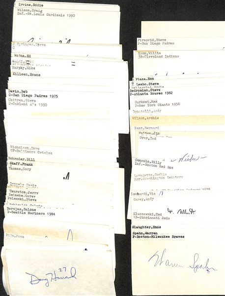 Lot of (150+) Mostly Baseball-Related Signed Index Cards w. Warren Spahn, Enos Slaughter, Ted Kluszewski, Andy Carey, Birdie Tebbetts, Vic Lombardi, Dwight Adams, + (JSA Auction Letter)
