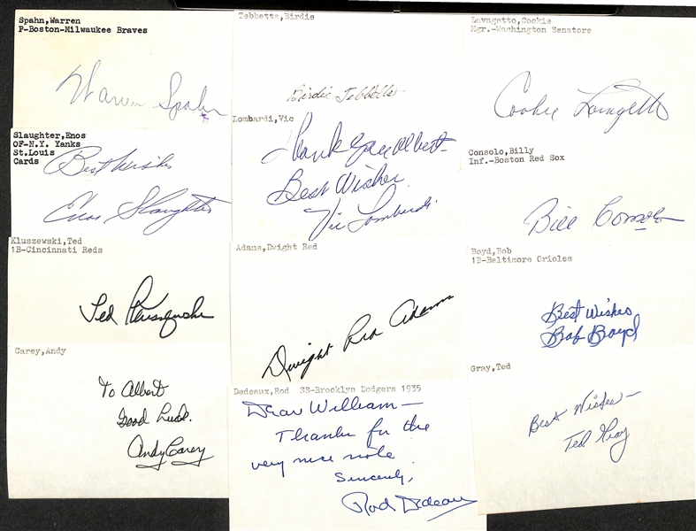 Lot of (150+) Mostly Baseball-Related Signed Index Cards w. Warren Spahn, Enos Slaughter, Ted Kluszewski, Andy Carey, Birdie Tebbetts, Vic Lombardi, Dwight Adams, + (JSA Auction Letter)