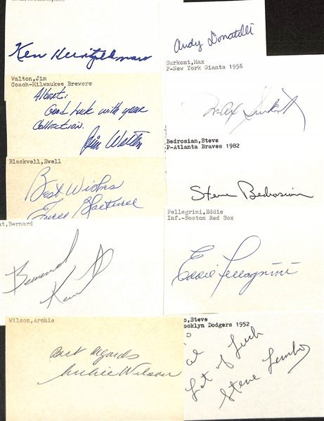 Lot of (150+) Mostly Baseball-Related Signed Index Cards w. Warren Spahn, Enos Slaughter, Ted Kluszewski, Andy Carey, Birdie Tebbetts, Vic Lombardi, Dwight Adams, + (JSA Auction Letter)