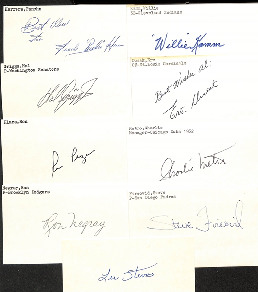 Lot of (150+) Mostly Baseball-Related Signed Index Cards w. Warren Spahn, Enos Slaughter, Ted Kluszewski, Andy Carey, Birdie Tebbetts, Vic Lombardi, Dwight Adams, + (JSA Auction Letter)