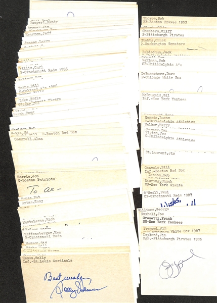 (175+) Mostly Baseball-Related Signed Index Cards w. Jim Leyland, Jim Fregosi, Frank Crosetti, Joe Nuxhall, Vic Raschi, George Williams, Pual O'Neill, + (JSA Auction Letter)