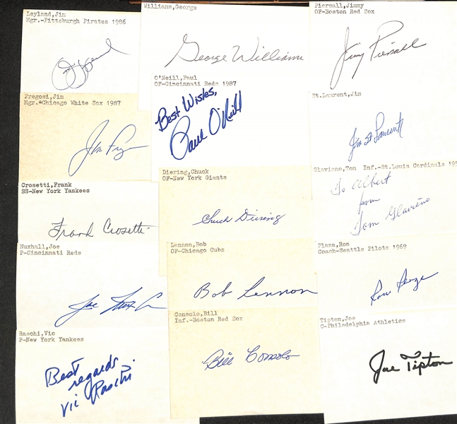 (175+) Mostly Baseball-Related Signed Index Cards w. Jim Leyland, Jim Fregosi, Frank Crosetti, Joe Nuxhall, Vic Raschi, George Williams, Pual O'Neill, + (JSA Auction Letter)