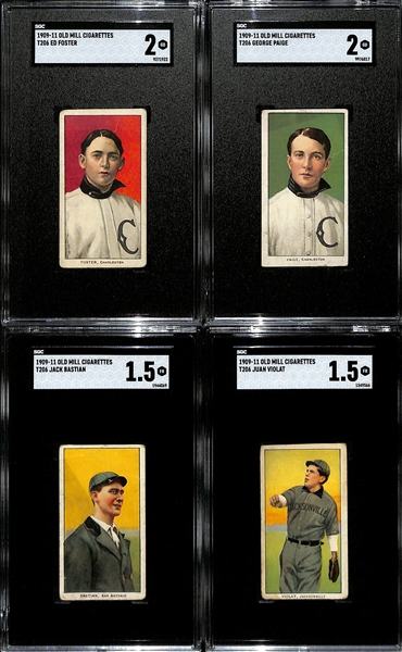 (4) 1909-11 T206 Southern League Old Mill Cigarettes Tobacco Cards - Ed Foster (SGC 2), George Paige (SGC 2), Jack Bastian (SGC 1.5), & Juan Violat (SGC 1.5)