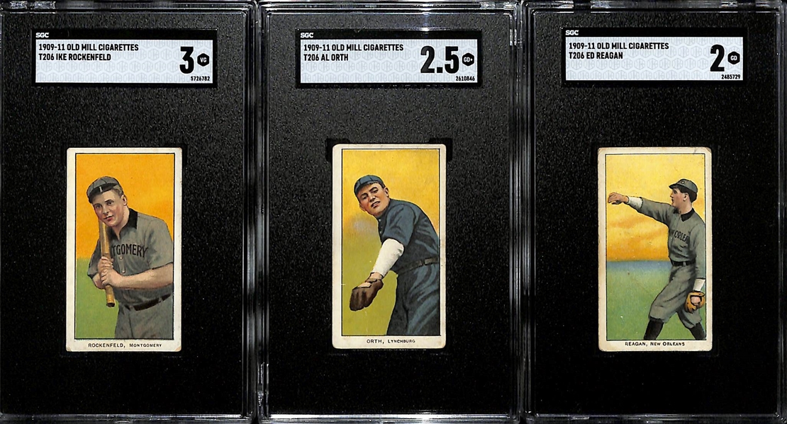 (3) 1909-11 T206 Southern League Old Mill Cigarettes Tobacco Cards - Ike Rockenfeld (SGC 3), Al Orth (SGC 2.5), Ed Reagan (SGC 2)
