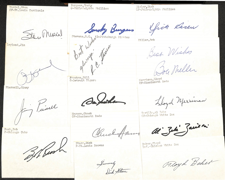 Lot of (175+) Mostly Baseball-Related Signed Index Cards w. Stan Musial, Jim Leyland, Jimmy Piersall, Bob Rush, Smokey Burgess, RC Stevens, Bill Freehan, + (JSA Auction Letter)