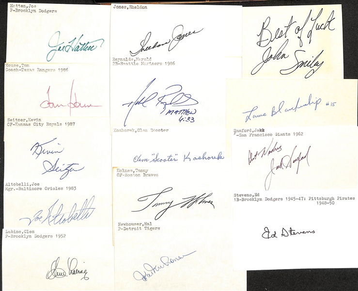 Lot of (175+) Mostly Baseball-Related Signed Index Cards w. Stan Musial, Jim Leyland, Jimmy Piersall, Bob Rush, Smokey Burgess, RC Stevens, Bill Freehan, + (JSA Auction Letter)