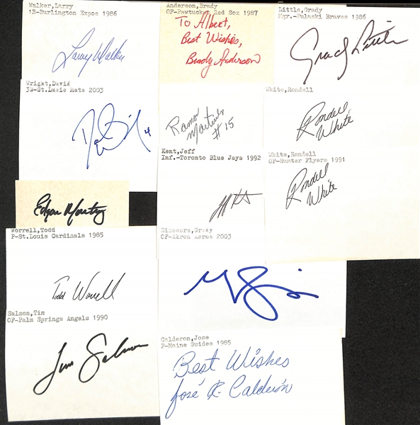Lot of (500+) Mostly Minor League Baseball-Related Signed Index Cards w. Larry Walker, David Wright, Edgar Martinez, Todd Worrell, Tim Salmon, Brady Anderson, + (JSA Auction Letter)