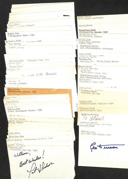 Lot of (200+) Mostly Baseball-Related Signed Index Cards w. Leo Durocher, Rick Ferrell, Frank Lucchesi, Freddie Sanford, Dick Simpson, Bob Miller, Frank Baumann, Mace Brown, + (JSA Auction Letter)
