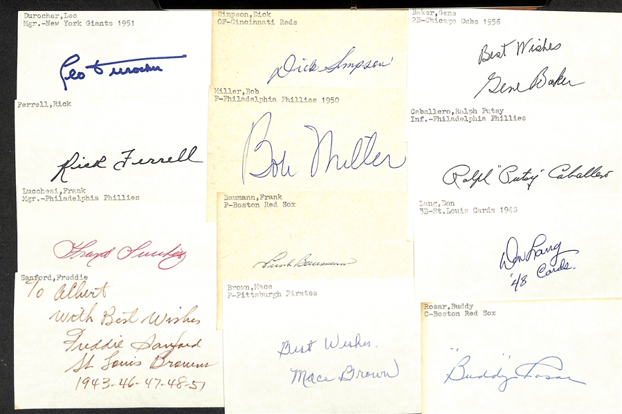 Lot of (200+) Mostly Baseball-Related Signed Index Cards w. Leo Durocher, Rick Ferrell, Frank Lucchesi, Freddie Sanford, Dick Simpson, Bob Miller, Frank Baumann, Mace Brown, + (JSA Auction Letter)