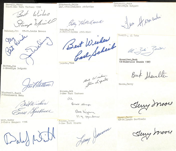 Lot of (200+) Mostly Baseball-Related Signed Index Cards w. Leo Durocher, Rick Ferrell, Frank Lucchesi, Freddie Sanford, Dick Simpson, Bob Miller, Frank Baumann, Mace Brown, + (JSA Auction Letter)
