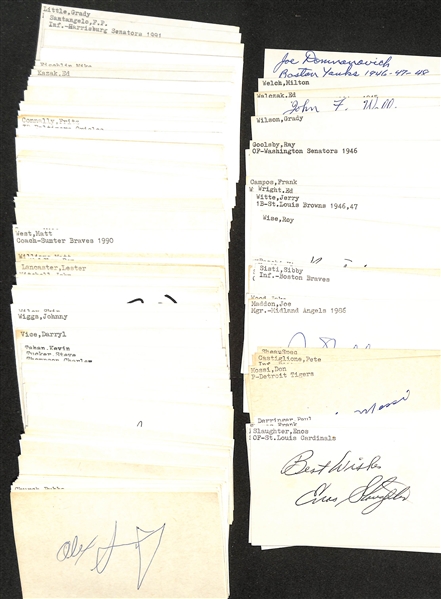 (175+) Mostly Baseball-Related Signed Index Cards w. Enos Slaughter, Bobby Doerr, Babe Herman, Zeke Bonura, Johnny Pesky, Frank Thomas, Paul Derringer, + (JSA Auction Letter)