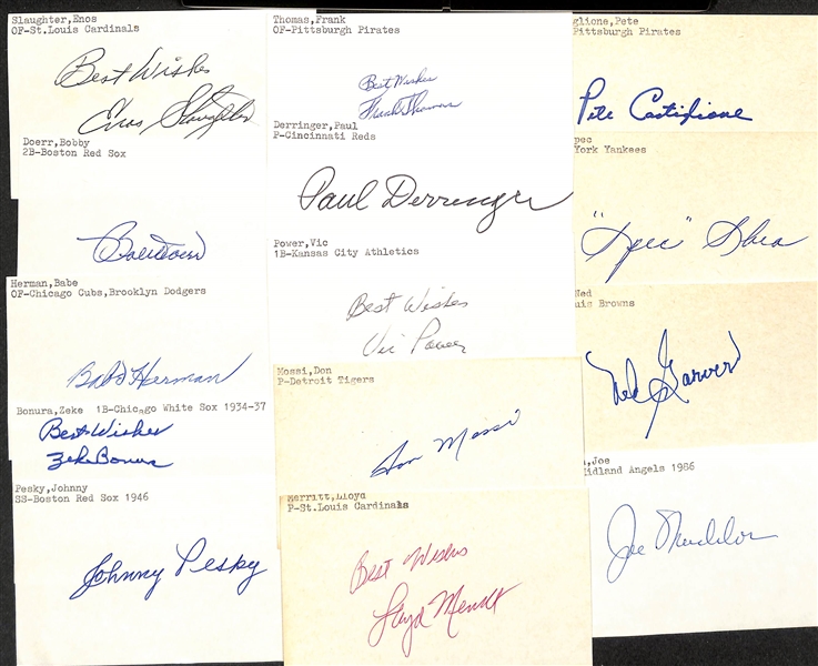 (175+) Mostly Baseball-Related Signed Index Cards w. Enos Slaughter, Bobby Doerr, Babe Herman, Zeke Bonura, Johnny Pesky, Frank Thomas, Paul Derringer, + (JSA Auction Letter)
