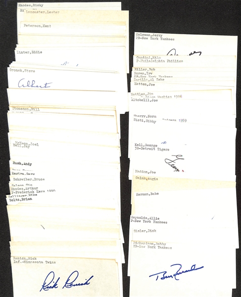 Lot of (175+) Mostly Baseball-Related Signed Index Cards w. Bobby Richardson, Dick Sisler, Allie Reynolds, Tony Kubek, Babe Hermon, Augie Galan, Joe Maddon, + (JSA Auction Letter)