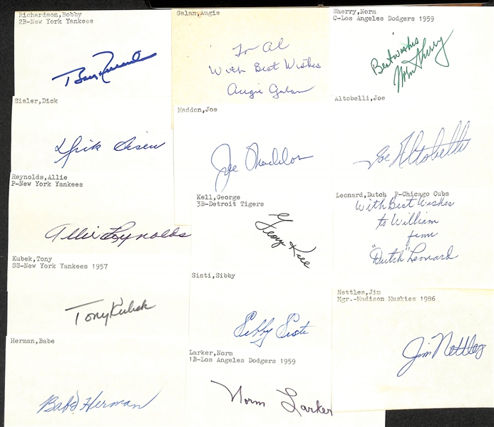 Lot of (175+) Mostly Baseball-Related Signed Index Cards w. Bobby Richardson, Dick Sisler, Allie Reynolds, Tony Kubek, Babe Hermon, Augie Galan, Joe Maddon, + (JSA Auction Letter)