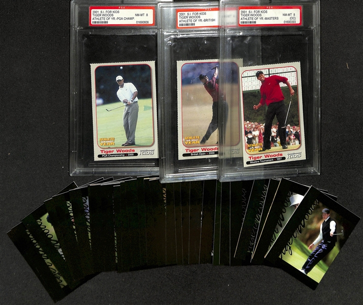Lot of Tiger Woods Rookie Cards - (3) 2001 Sports Illustrated For Kids (Each Graded PSA 8) & 2002 Upper Deck Tiger's Tales 30-Card Sub Set