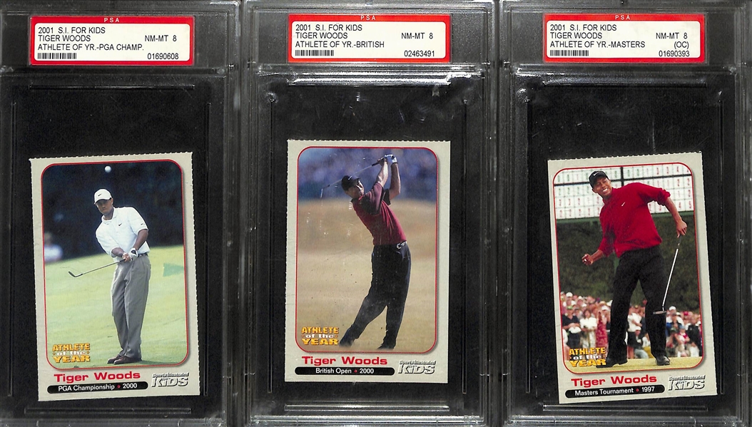 Lot of Tiger Woods Rookie Cards - (3) 2001 Sports Illustrated For Kids (Each Graded PSA 8) & 2002 Upper Deck Tiger's Tales 30-Card Sub Set
