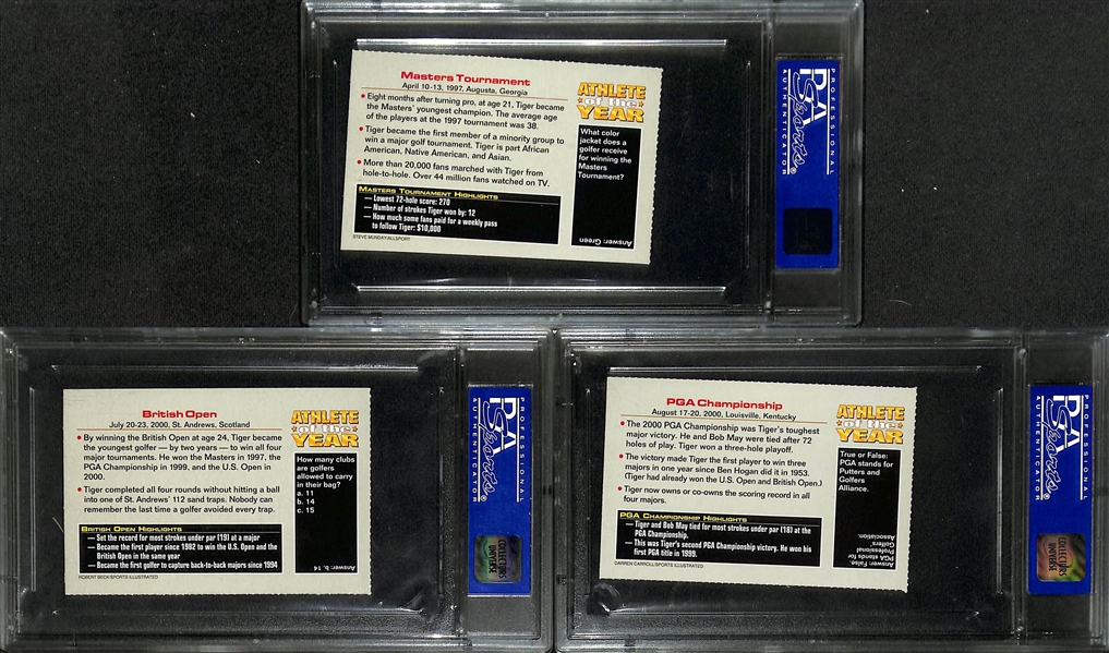 Lot of Tiger Woods Rookie Cards - (3) 2001 Sports Illustrated For Kids (Each Graded PSA 8) & 2002 Upper Deck Tiger's Tales 30-Card Sub Set