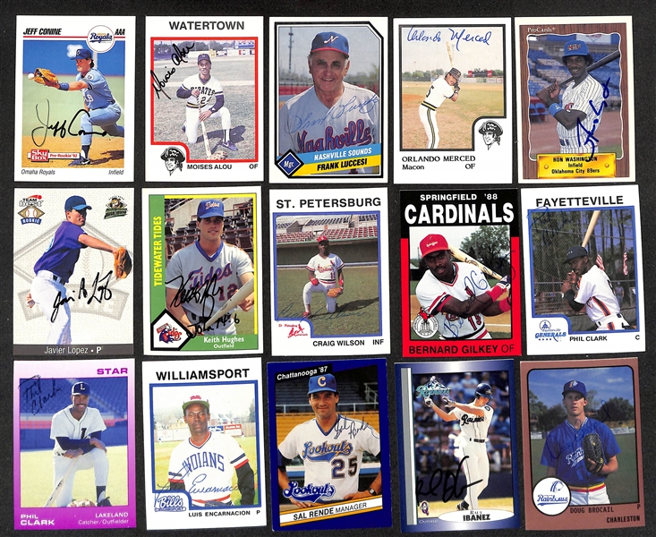 (600+) Mostly Minor League Baseball-Related Signed Cards w. Jeff Conine, Moises Alou, Frank Lucchesi, Orlando Merced, Ron Washington, Javier Lopez, Keith Hughes, + (JSA Auction Letter)