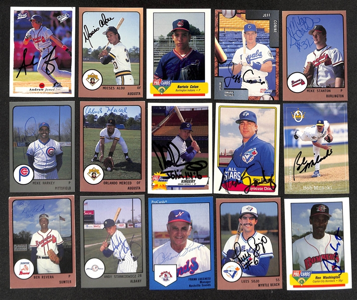 Lot of (600+) Mostly Minor League Baseball-Related Signed Cards w. Andruw Jones, Moises Alou, Bartolo Colon, Mike Stanton, Mike Harkey, Orlando Merced, + (JSA Auction Letter)