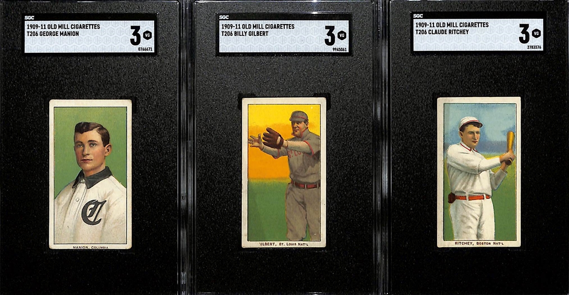 (3) 1909-11 T206 Old Mill Cigarettes Tobacco Cards (Each Graded SGC 3) - George Manion (Southern League), Billy Gilbert, & Claude Ritchey