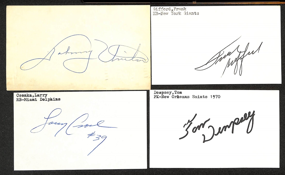 Lot of (10) Football Signed Postcards w. Johnny Unitas, Frank Gifford, Larry Csonka, Tom Dempsey, + (JSA Auction Letter)