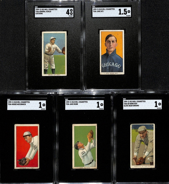 (5) 1909-11 T206 Old Mill Cigarettes Tobacco Cards - Admiral Schlei (Catching - SGC 4), Jake Atz (SGC 1.5), Moose McCormick (SGC 1), Jack Dunn (SGC 1), Ed Konetchy (Glove Near Ground - SGC 1)