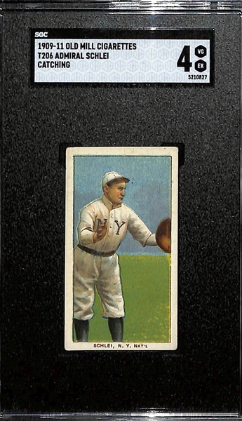 (5) 1909-11 T206 Old Mill Cigarettes Tobacco Cards - Admiral Schlei (Catching - SGC 4), Jake Atz (SGC 1.5), Moose McCormick (SGC 1), Jack Dunn (SGC 1), Ed Konetchy (Glove Near Ground - SGC 1)