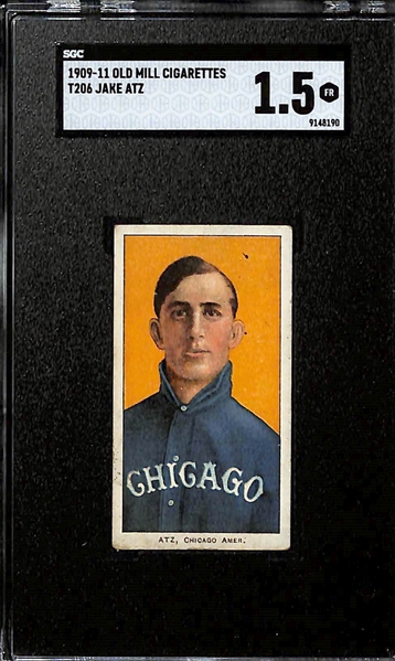 (5) 1909-11 T206 Old Mill Cigarettes Tobacco Cards - Admiral Schlei (Catching - SGC 4), Jake Atz (SGC 1.5), Moose McCormick (SGC 1), Jack Dunn (SGC 1), Ed Konetchy (Glove Near Ground - SGC 1)
