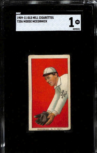 (5) 1909-11 T206 Old Mill Cigarettes Tobacco Cards - Admiral Schlei (Catching - SGC 4), Jake Atz (SGC 1.5), Moose McCormick (SGC 1), Jack Dunn (SGC 1), Ed Konetchy (Glove Near Ground - SGC 1)