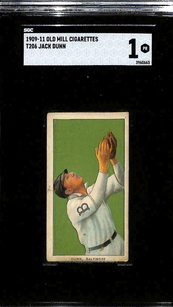(5) 1909-11 T206 Old Mill Cigarettes Tobacco Cards - Admiral Schlei (Catching - SGC 4), Jake Atz (SGC 1.5), Moose McCormick (SGC 1), Jack Dunn (SGC 1), Ed Konetchy (Glove Near Ground - SGC 1)