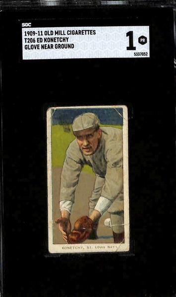 (5) 1909-11 T206 Old Mill Cigarettes Tobacco Cards - Admiral Schlei (Catching - SGC 4), Jake Atz (SGC 1.5), Moose McCormick (SGC 1), Jack Dunn (SGC 1), Ed Konetchy (Glove Near Ground - SGC 1)