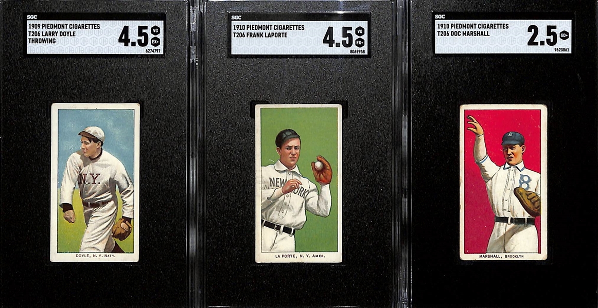 (3) 1909-10 T206 Piedmont Cigarettes Tobacco Cards - Larry Doyle (SGC 4.5), Frank LaPorte (SGC 4.5), & Doc Marshall (SGC 2.5)