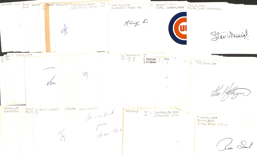 Lot of (200+) Mostly Baseball-Related Signed Index Cards w. Stan Musial, Greg Maddux, Rick Ferrell, Chuck Tanner, Larry Walker, Wally Moon, + (JSA Auction Letter)